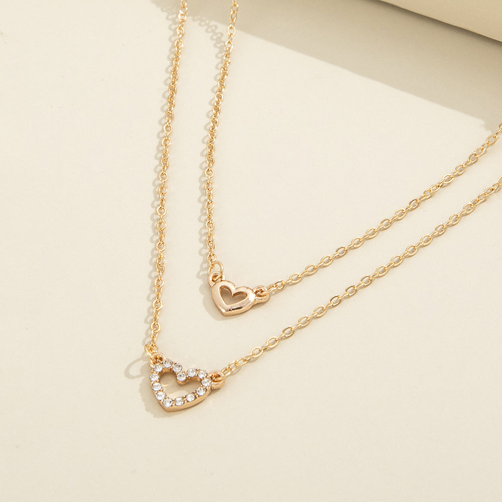 Love Faux Diamond Stacked Necklace Female Peach Heart Clavicle Chain 2pcs