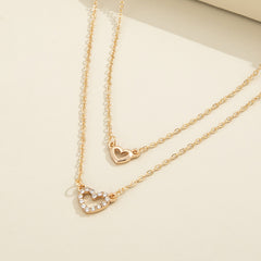 Love Faux Diamond Stacked Necklace Female Peach Heart Clavicle Chain 2pcs
