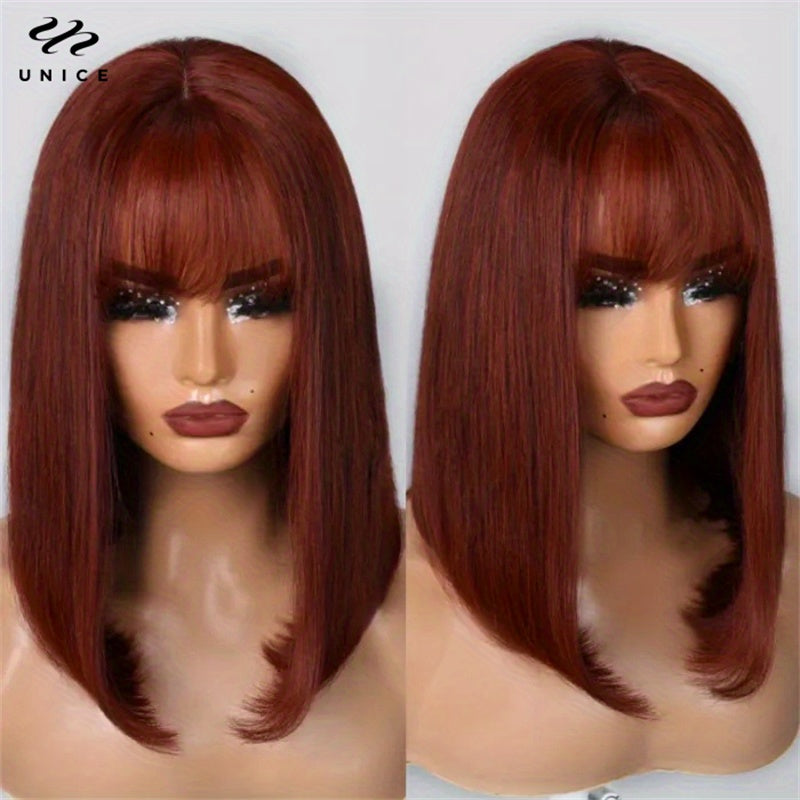 Reddish Brown Short Straight Human Hair Wig 180 Density