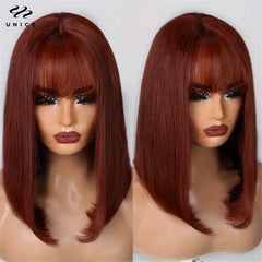 Reddish Brown Short Straight Human Hair Wig 180 Density