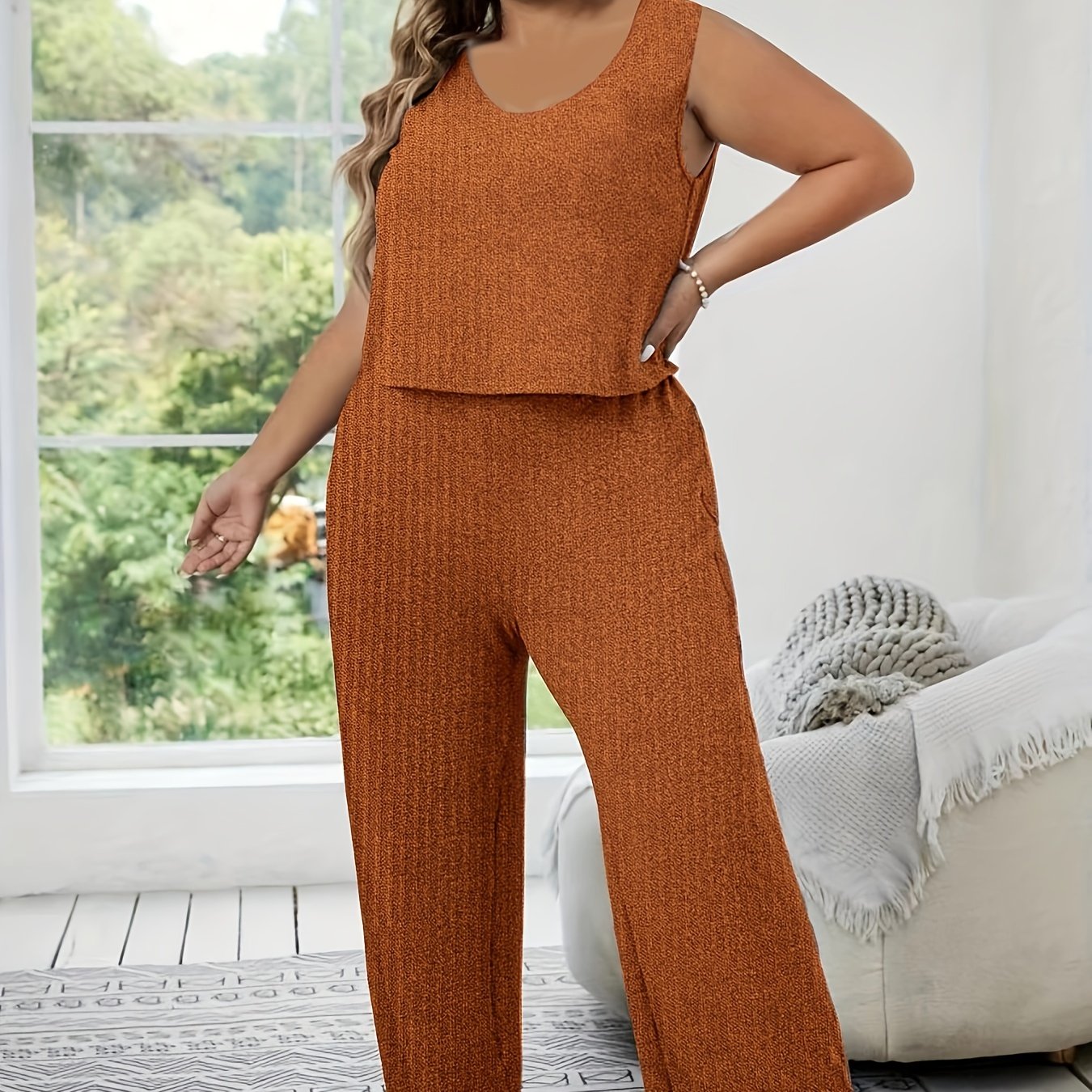  Lounge Set Women's Solid Stretch Crop Tank & Tie Pants Pajama Set