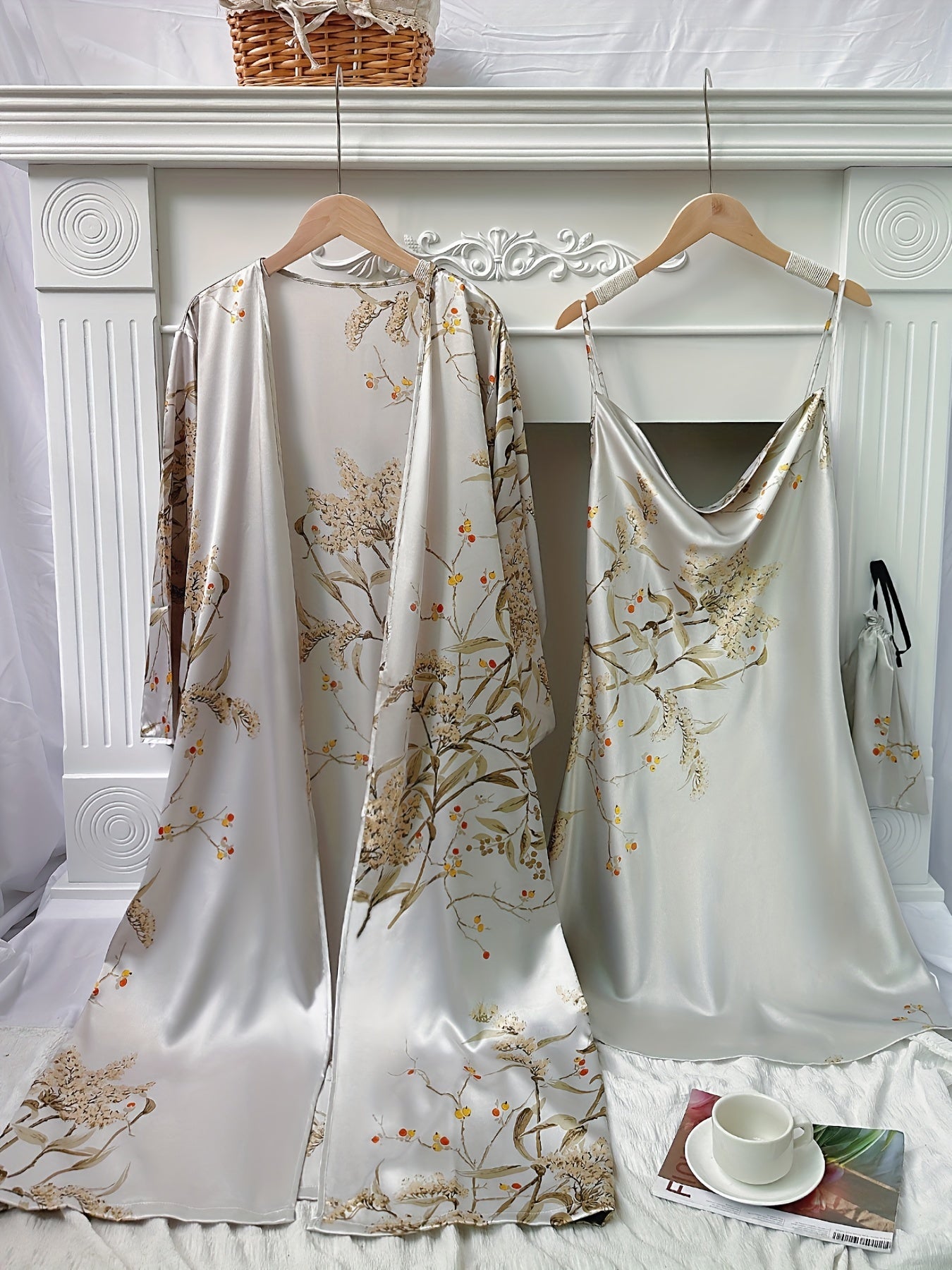 Floral Print Pajama Set & Robe Long Sleeve Sleepwear