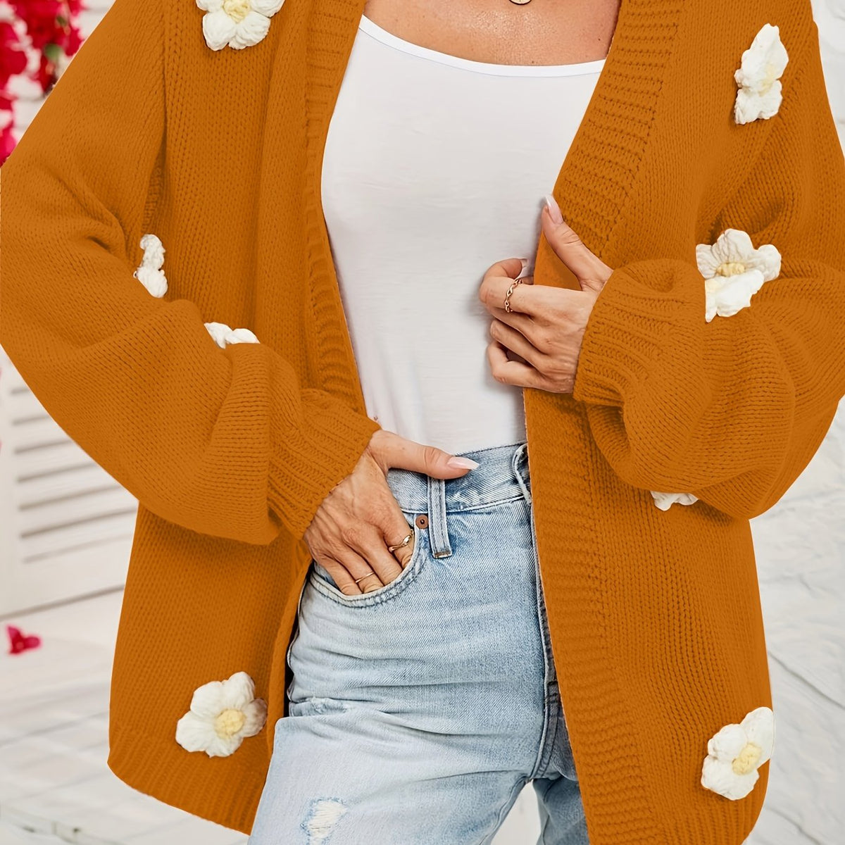 Casual Cardigan Women's Plus Floral Applique Lantern Sleeve
