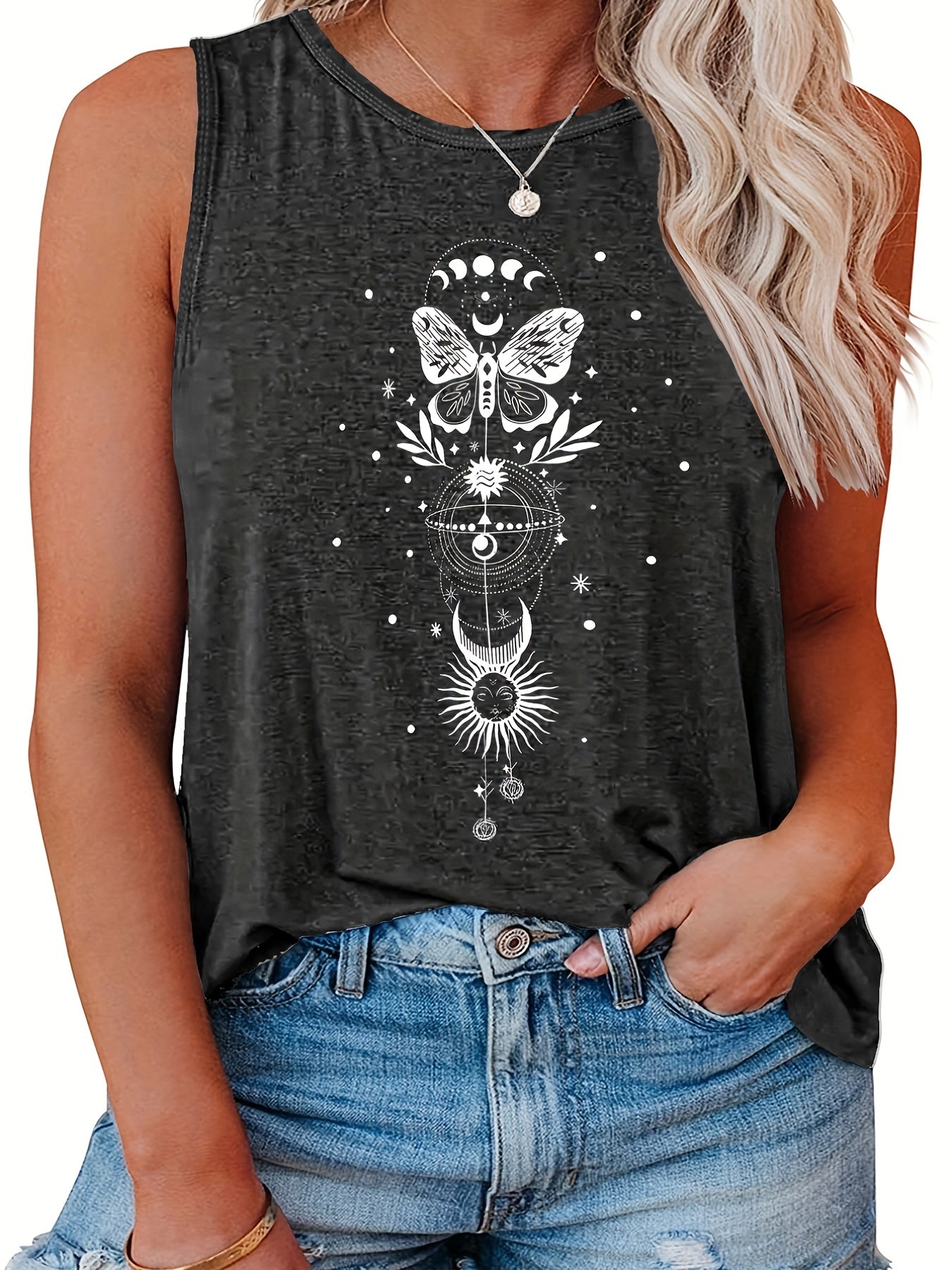  Butterfly & Moon Print Tank Top for Women