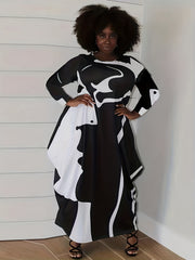  Abstract Print Long Sleeve Baggy Dress