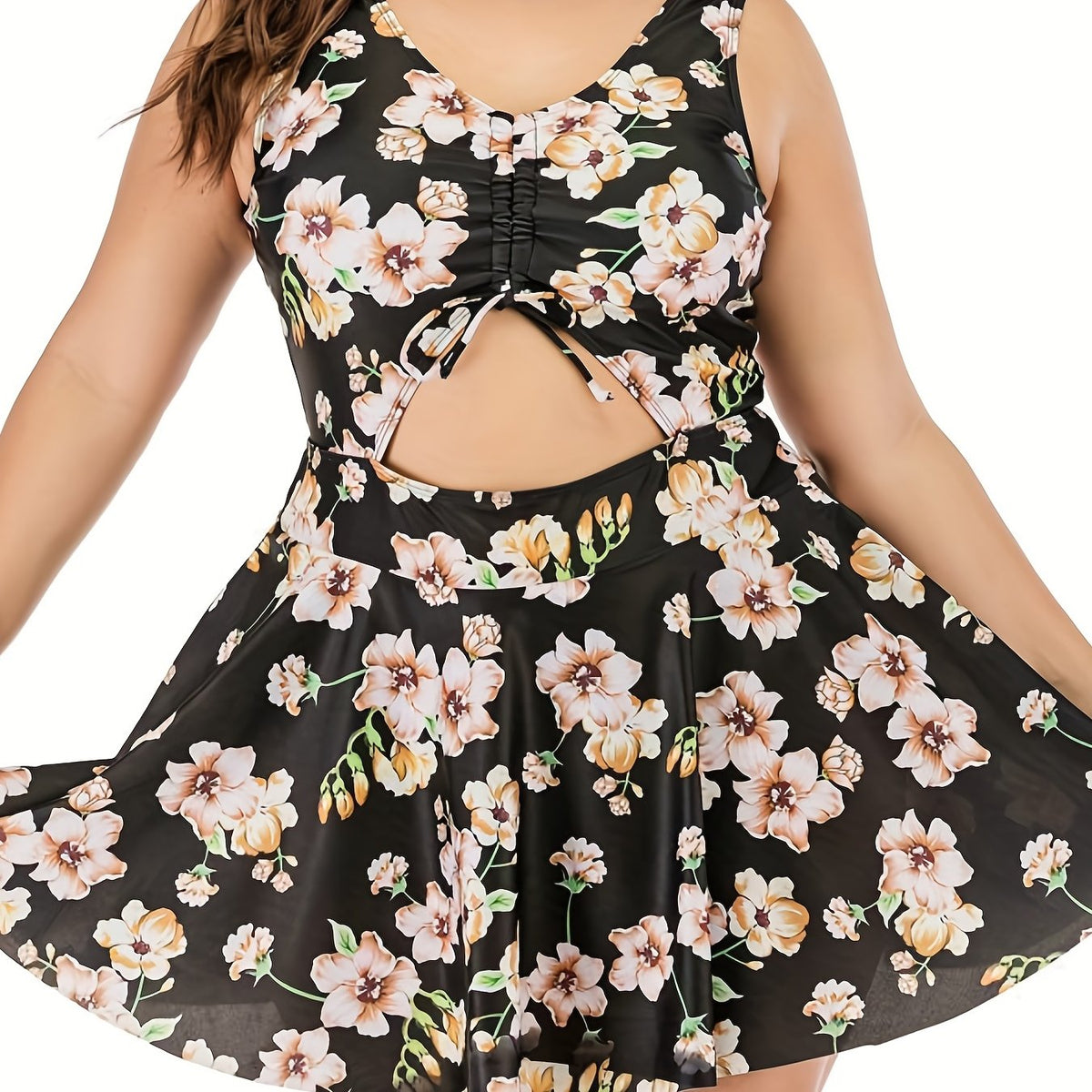  Floral One Piece Swimsuit with Cut Out Drawstring