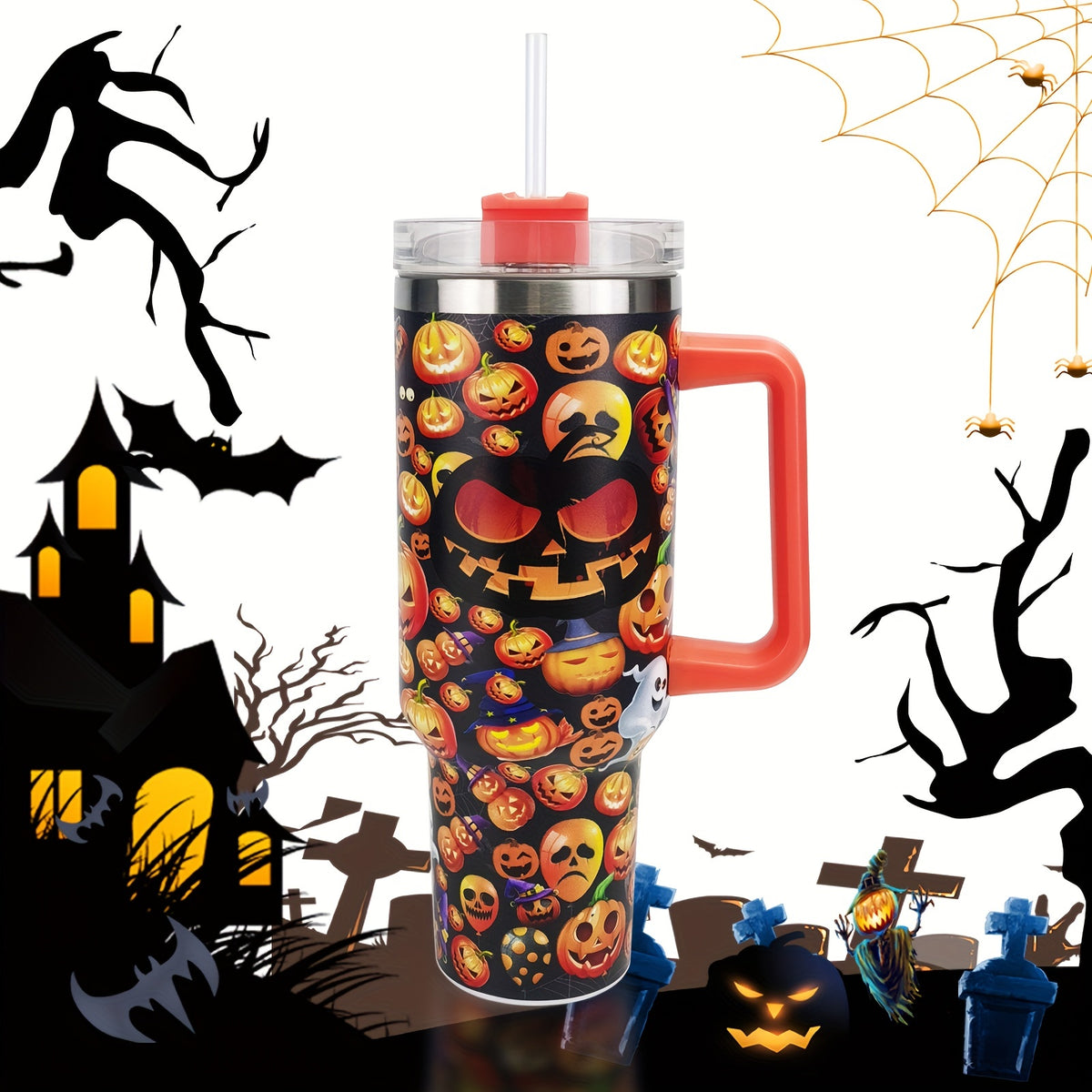 Halloween Pumpkin Print Tumbler 40oz Car Cup with Straw & Handle