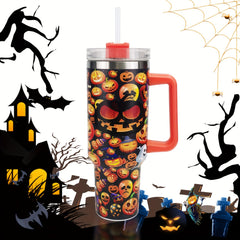 Halloween Pumpkin Print Tumbler 40oz Car Cup with Straw & Handle