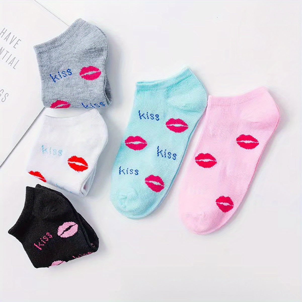 5 Pairs Lips & Letter Print Low Cut Ankle Socks Women's Stockings