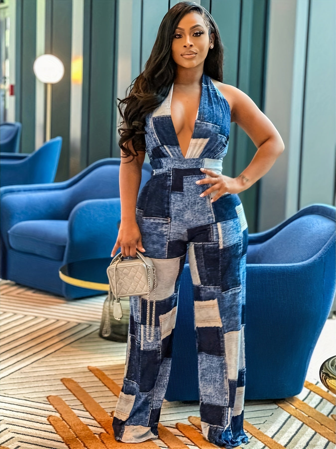 Plaid Print Deep V Neck Wide Leg Jumpsuit