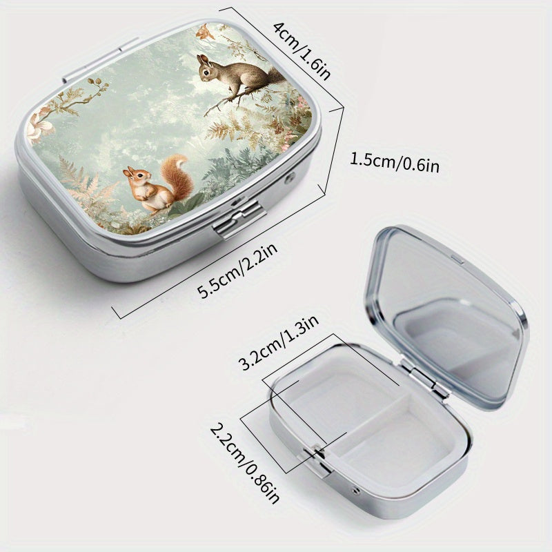 Squirrel Floral Print Pill Organizer Metal Case for Vitamins