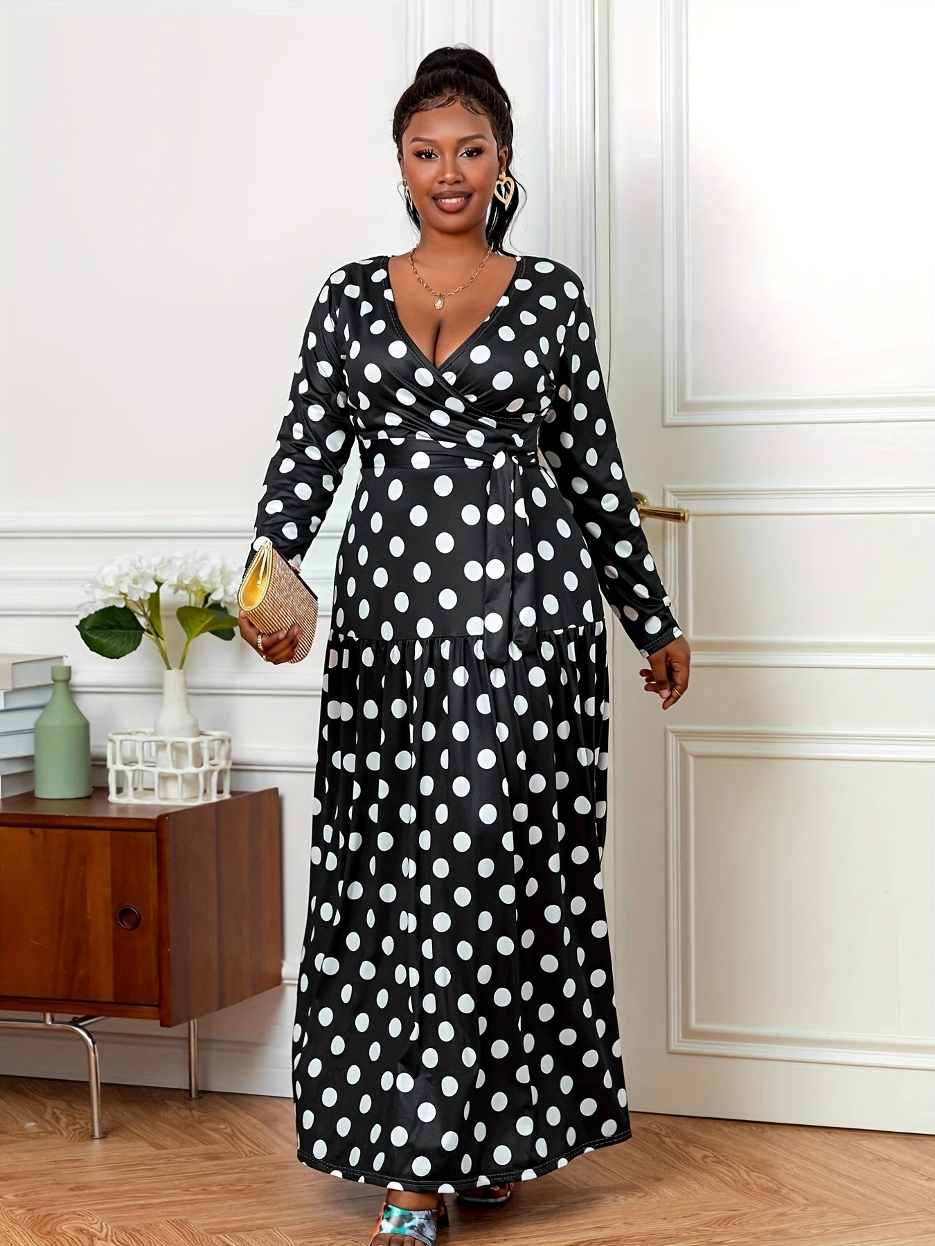  Polka Dot Long Sleeve Maxi Dress With Belt