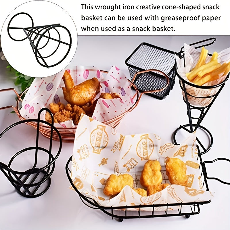 Metal Wire French Fry Holder with Sauce Dipper for Finger Food Cones