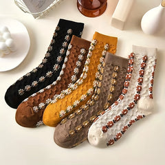 5 Pairs Floral Print Mid Tube Socks Women's Stockings