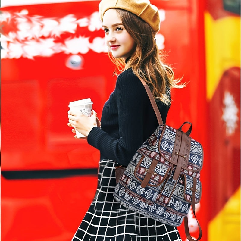 Rhombus Pattern Backpack Women's Canvas Drawstring Shoulder Bag