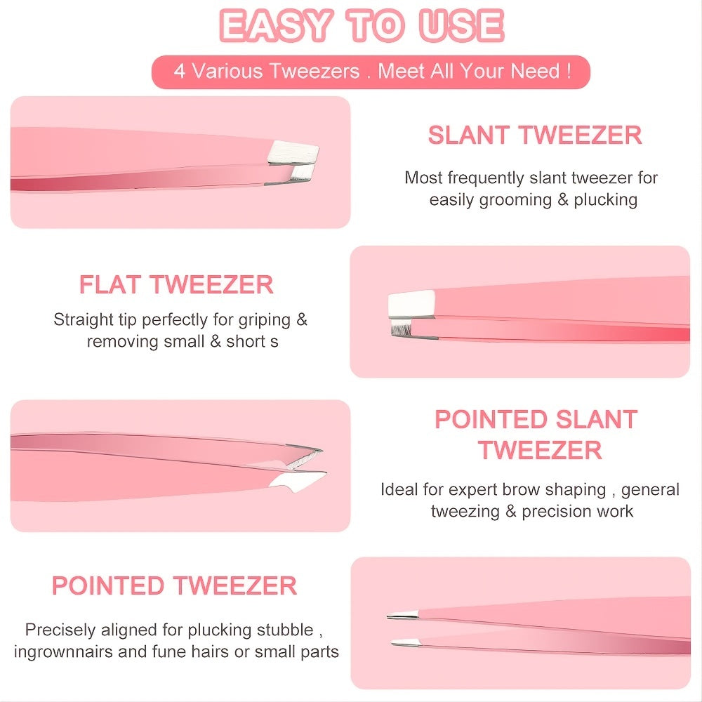 4pcs Stainless Steel Tweezers Set with Travel Case for Hair Removal