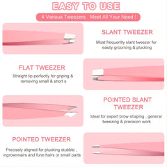 4pcs Stainless Steel Tweezers Set with Travel Case for Hair Removal