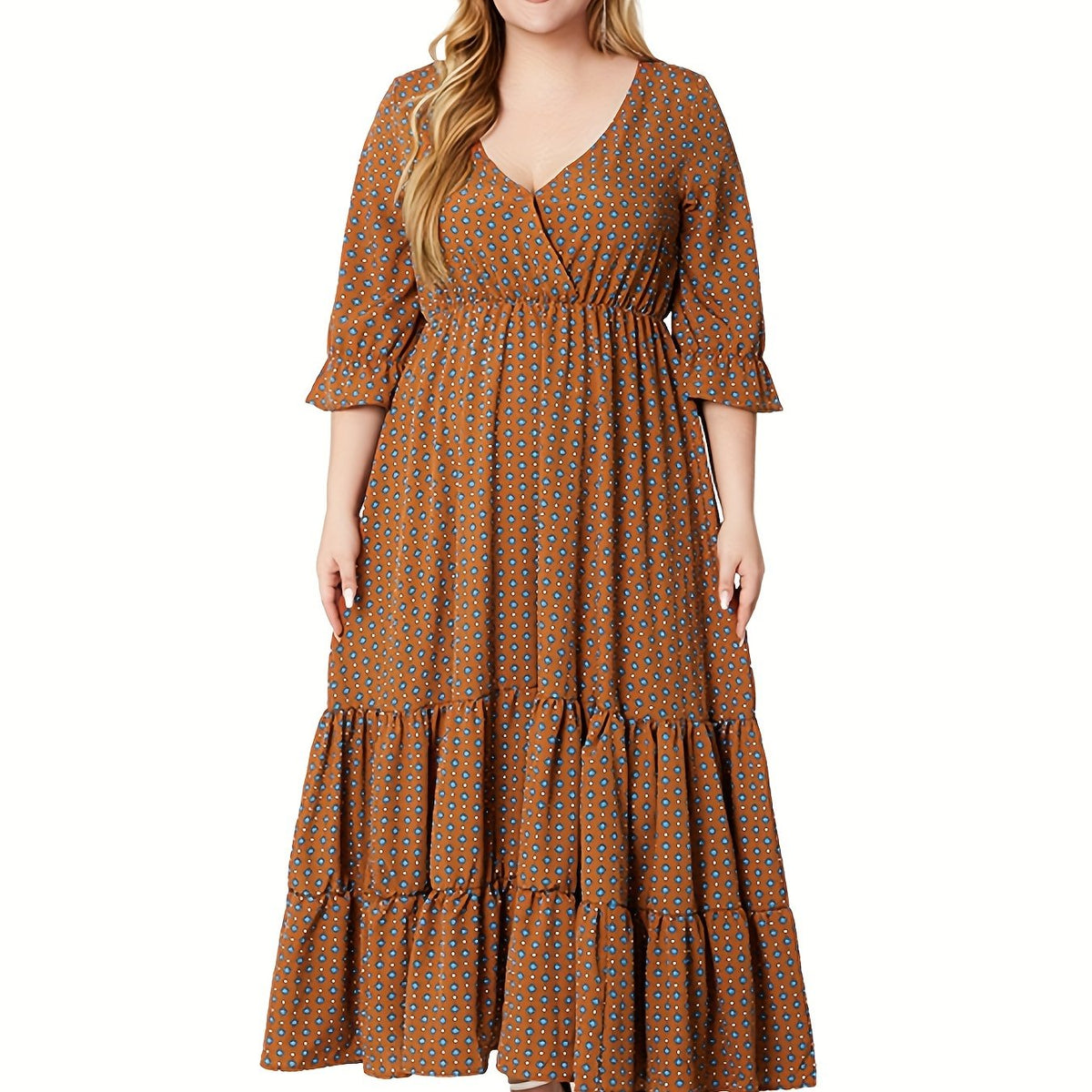 Plus Dot Print Half Sleeve Maxi Smock Dress