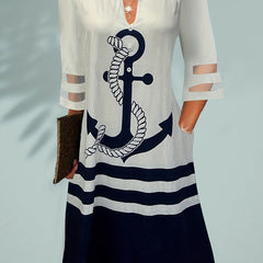  Casual Dress Colorblock Stripe & Anchor Print Mesh Sleeve Pockets