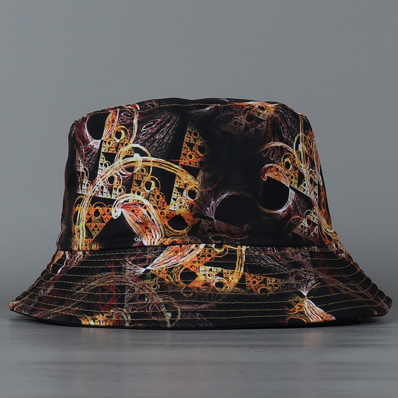 Golden Clockwork Reversible Bucket Hat Vintage Geometric Fisherman Cap