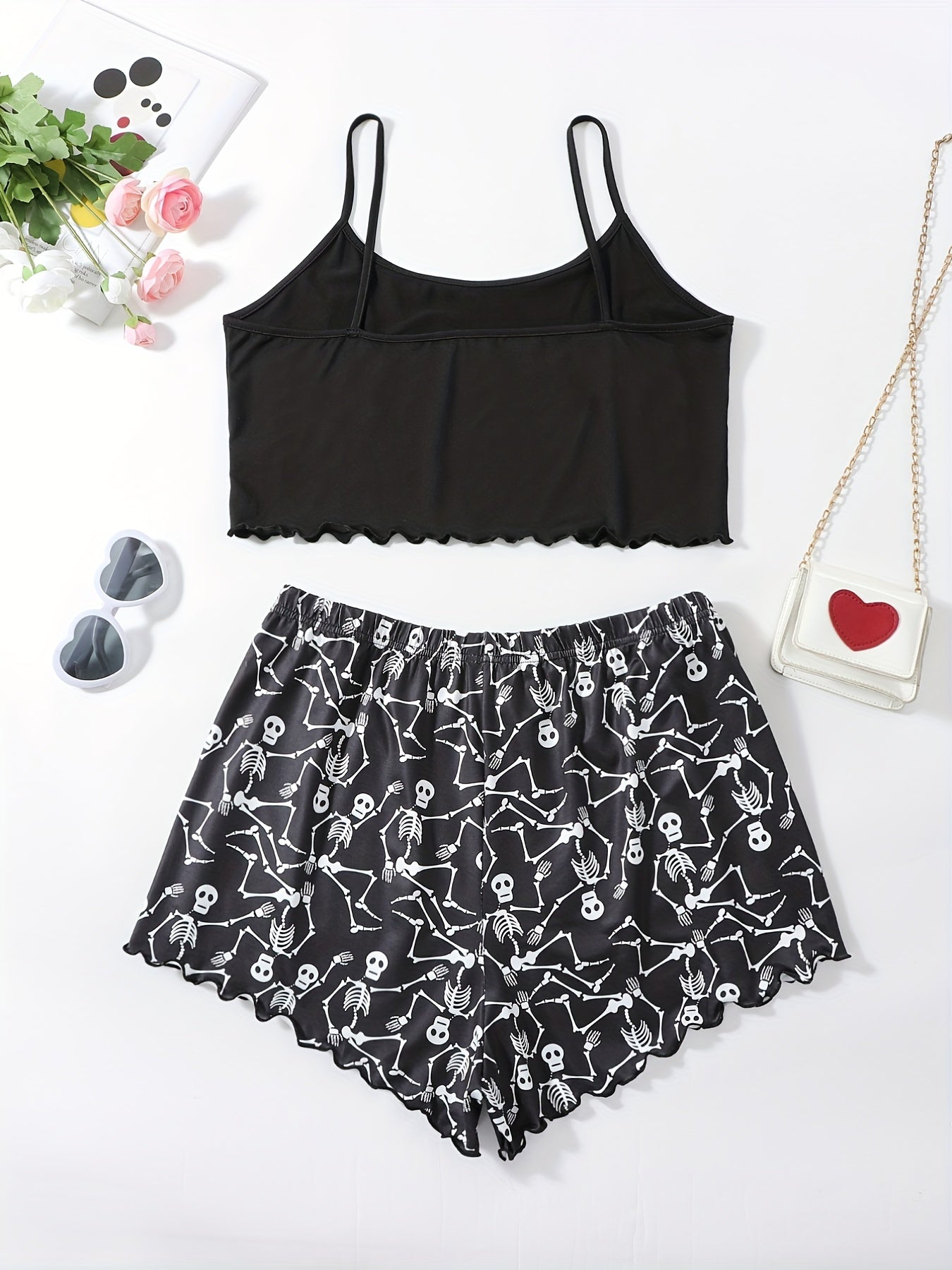  Skeleton Print Gothic Tank Top & Shorts Pajama Set