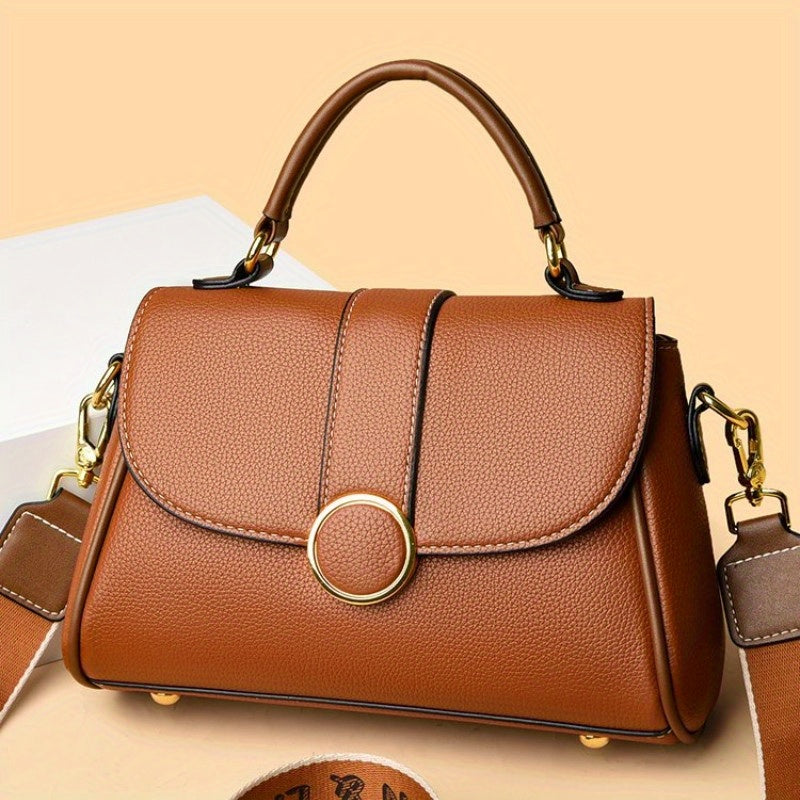 Wide Strap Satchel Crossbody Bag PU Leather Textured Bag Purse