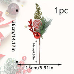 Artificial Christmas Candy Pine Needle Branch 30cm Plug-in Red Berry Decoration