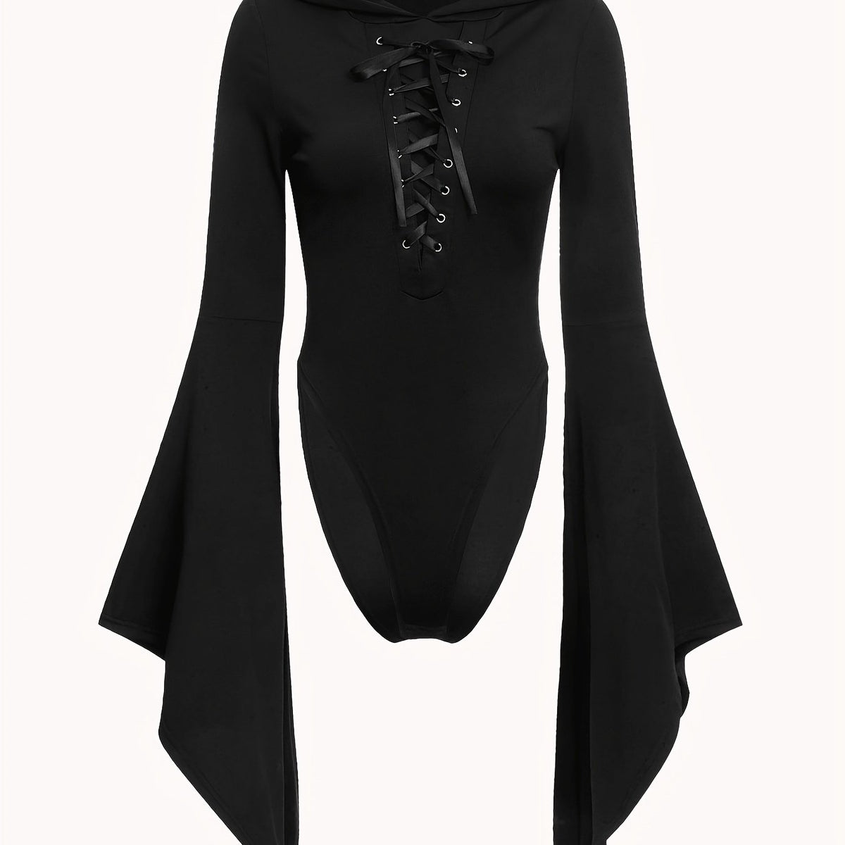 Gothic Drawstring Hooded Slim Bodysuit
