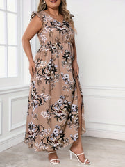  Floral Print Maxi Dress V Neck Butterfly Sleeve