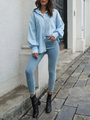  Solid Lantern Sleeve Button Up Lapel Collar Tunic Shirt Top