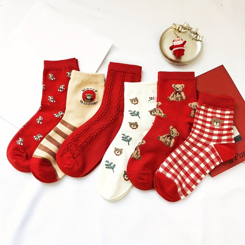Teddy Bear Red Socks Comfy Mid Tube Women's Stockings