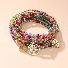 Leaf Shape Pendant Beaded Bracelet Boho Style Hand Jewelry For Women