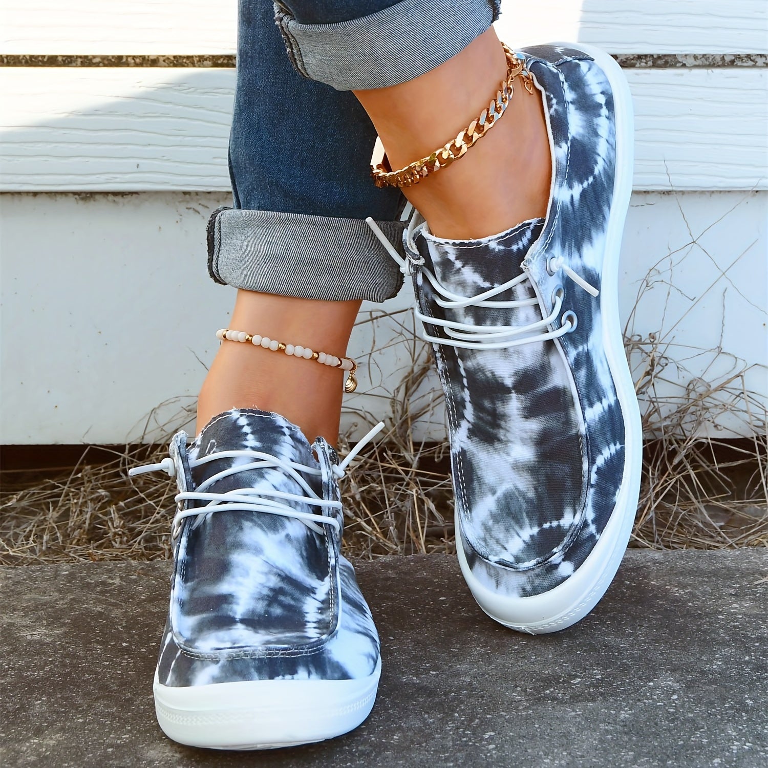 Women's Tie Dye Canvas Shoes Round Toe Lace Up Comfy Slip On Shoes