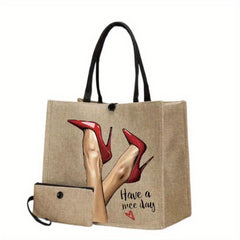 2pcs High Heels Pattern Canvas Tote Bag with Wristlet
