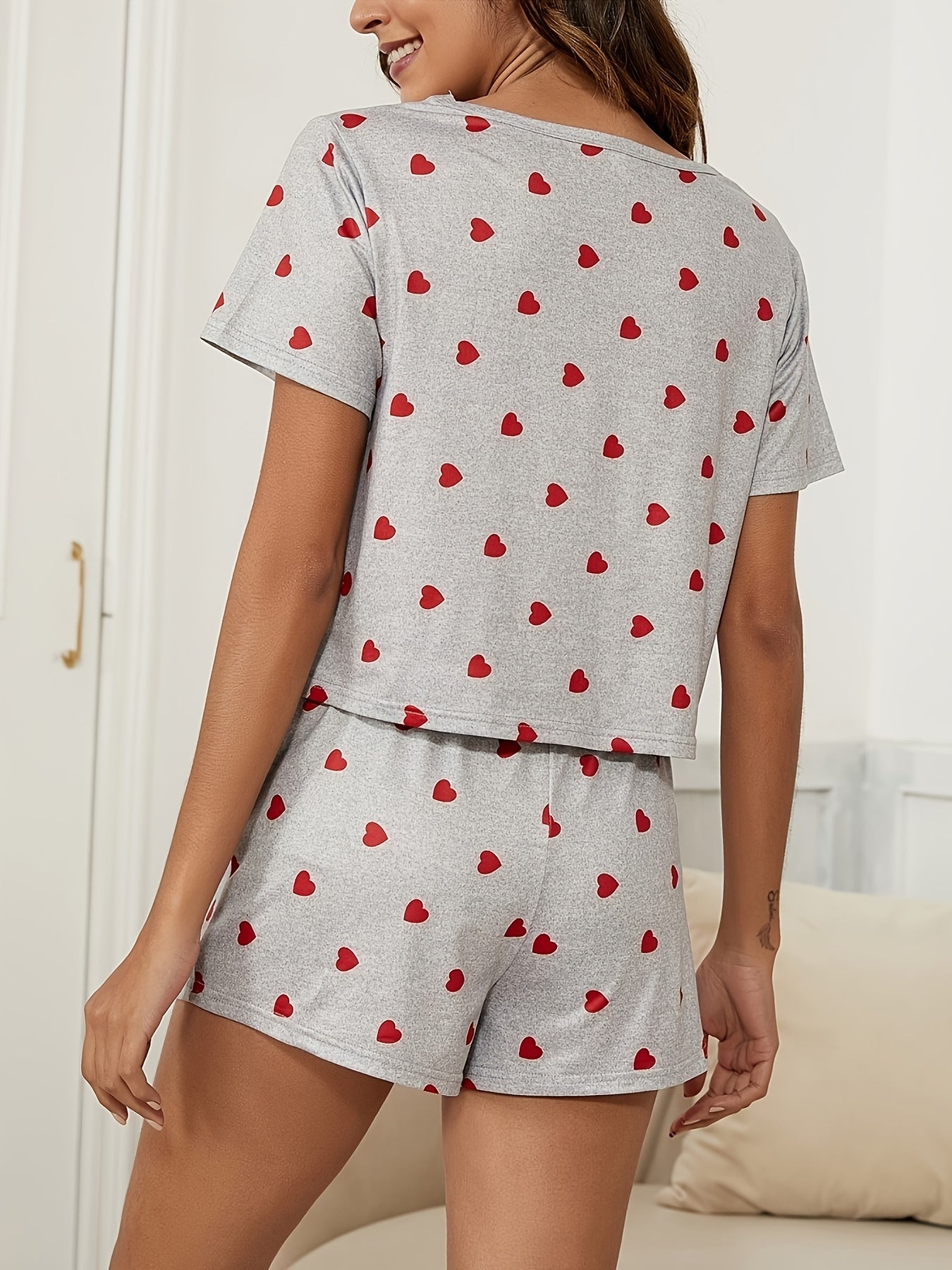 Heart Print Lounge Set Short Sleeve Crew Neck Top & Elastic Waistband Shorts