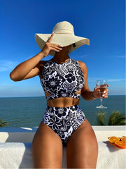  Floral Print Lace Up Back Tankini Set
