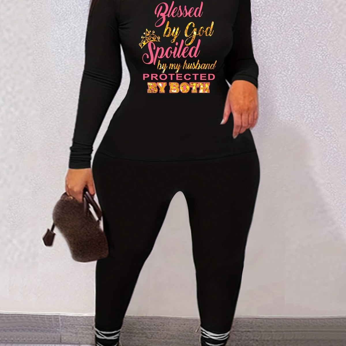  Glitter Crown & Letter Print Tee & Leggings 2pcs Set