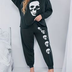  Gothic Pajama Set Skull Print Tee & Joggers Lounge Set