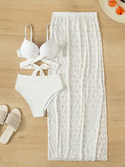 3-Piece Bikini Sets Tie Back High Cut With Cover-Up Maxi Skirt Swimsuit