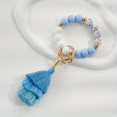 Vintage Silicone Beads Bracelet Key Ring For Girls Child Tassel Keychain Pendant