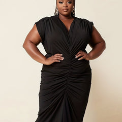  Solid Cap Sleeve V Neck Ruched Maxi Dress