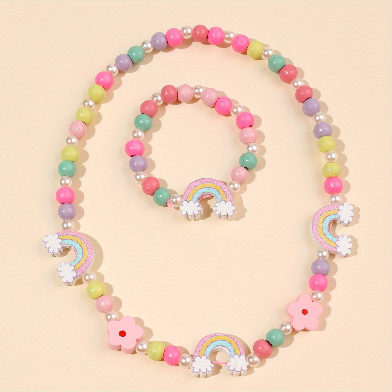 Cartoon Butterfly Flower Rainbow Beaded Necklace Bracelet Set for Girls