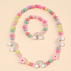 Cartoon Butterfly Flower Rainbow Beaded Necklace Bracelet Set for Girls
