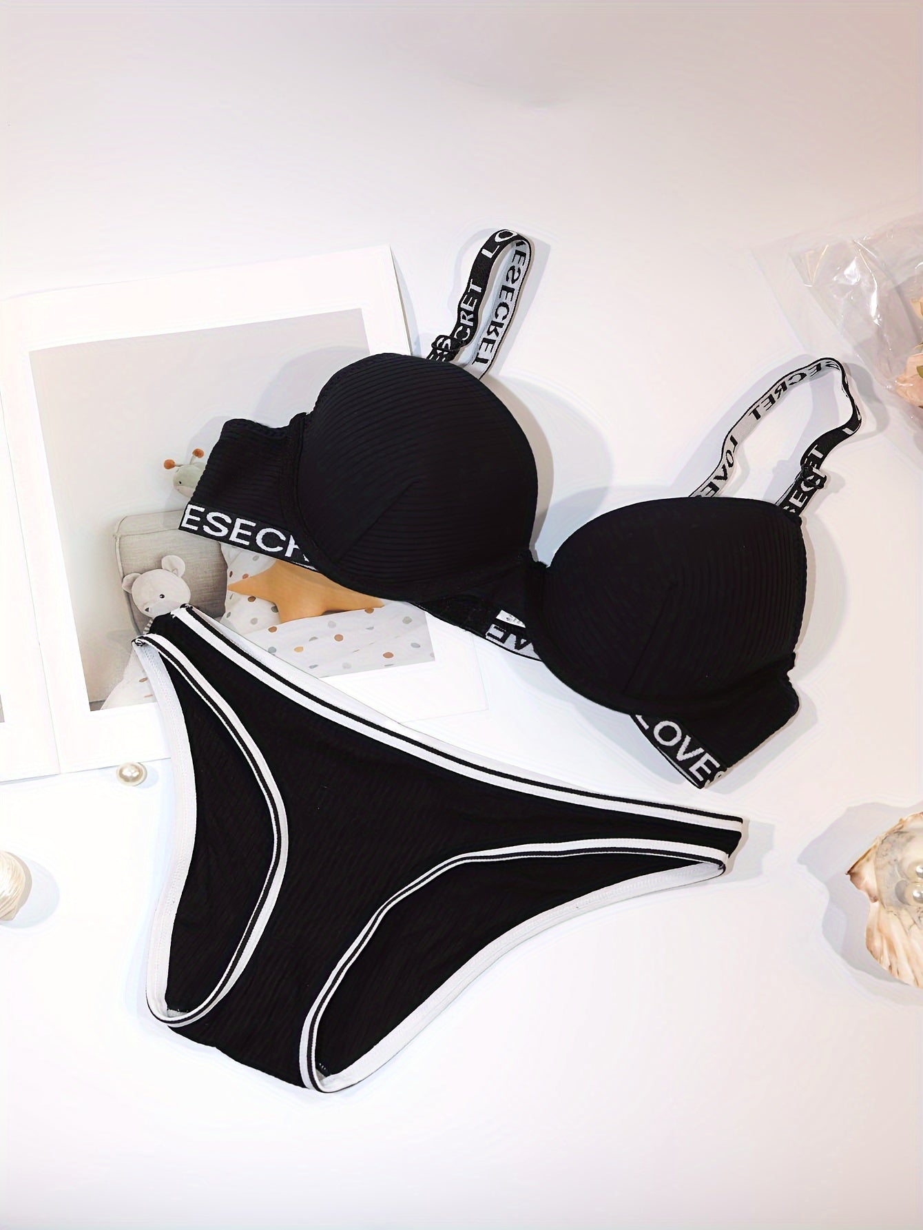 Letter Print Bra & Panties Set Push Up Bra & Elastic Panties Lingerie