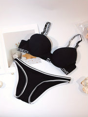Letter Print Bra & Panties Set Push Up Bra & Elastic Panties Lingerie