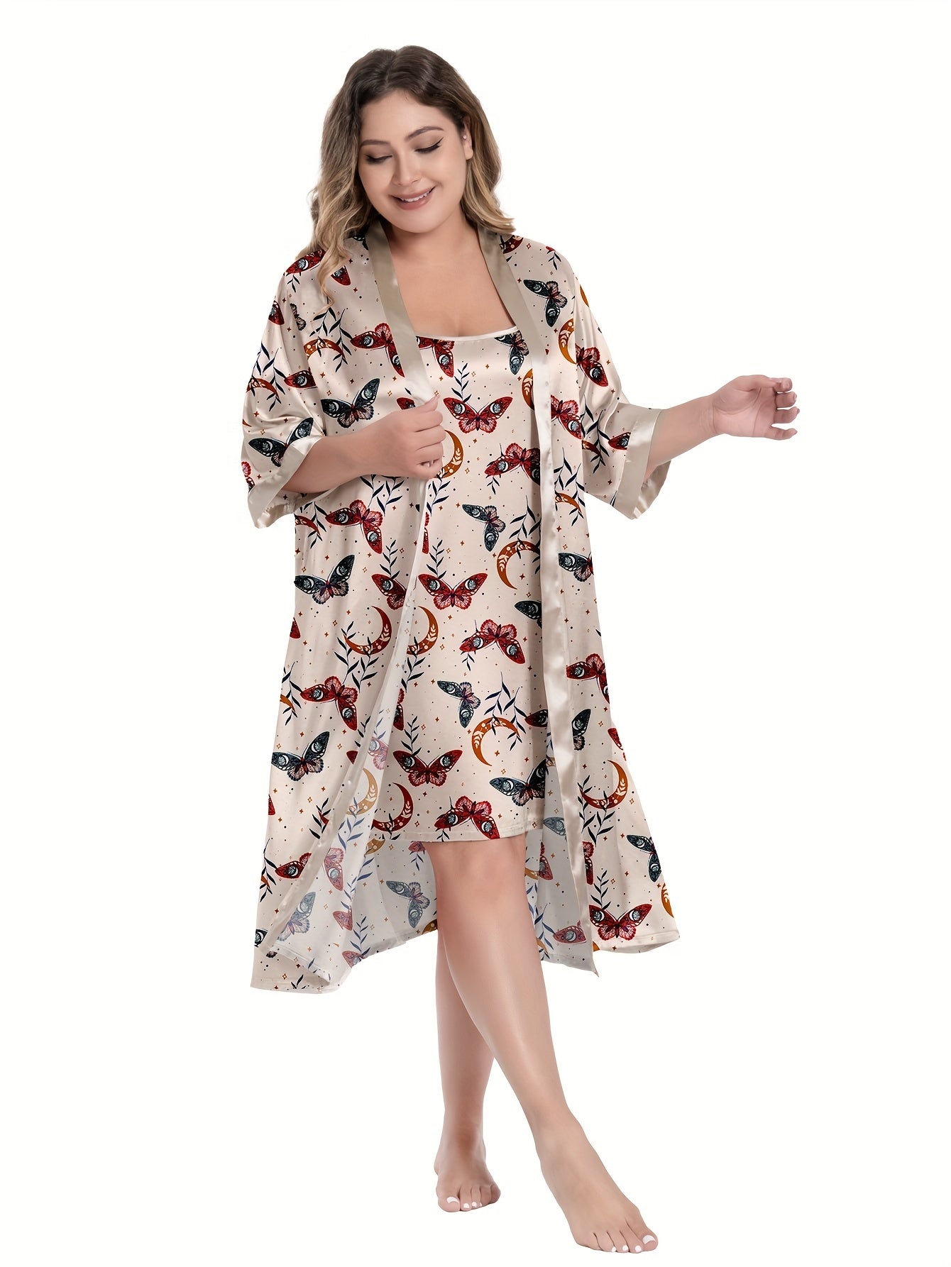 Plus Size Satin Butterfly Print Cami Nightdress & Long Sleeve Nightgown