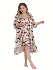 Plus Size Satin Butterfly Print Cami Nightdress & Long Sleeve Nightgown