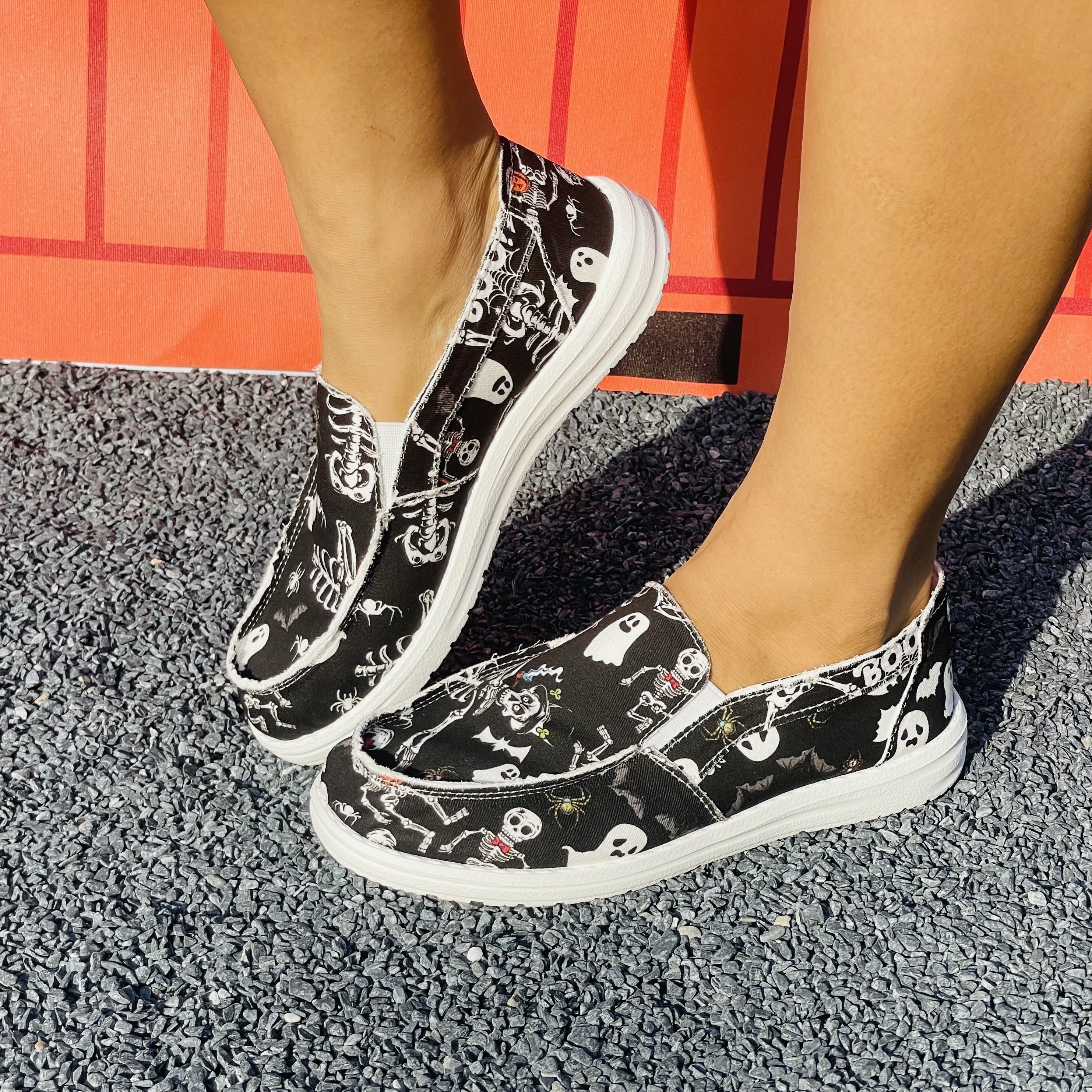 Women's Funny Halloween Print Shoes Casual Skull Pattern Slip On Canvas Shoes