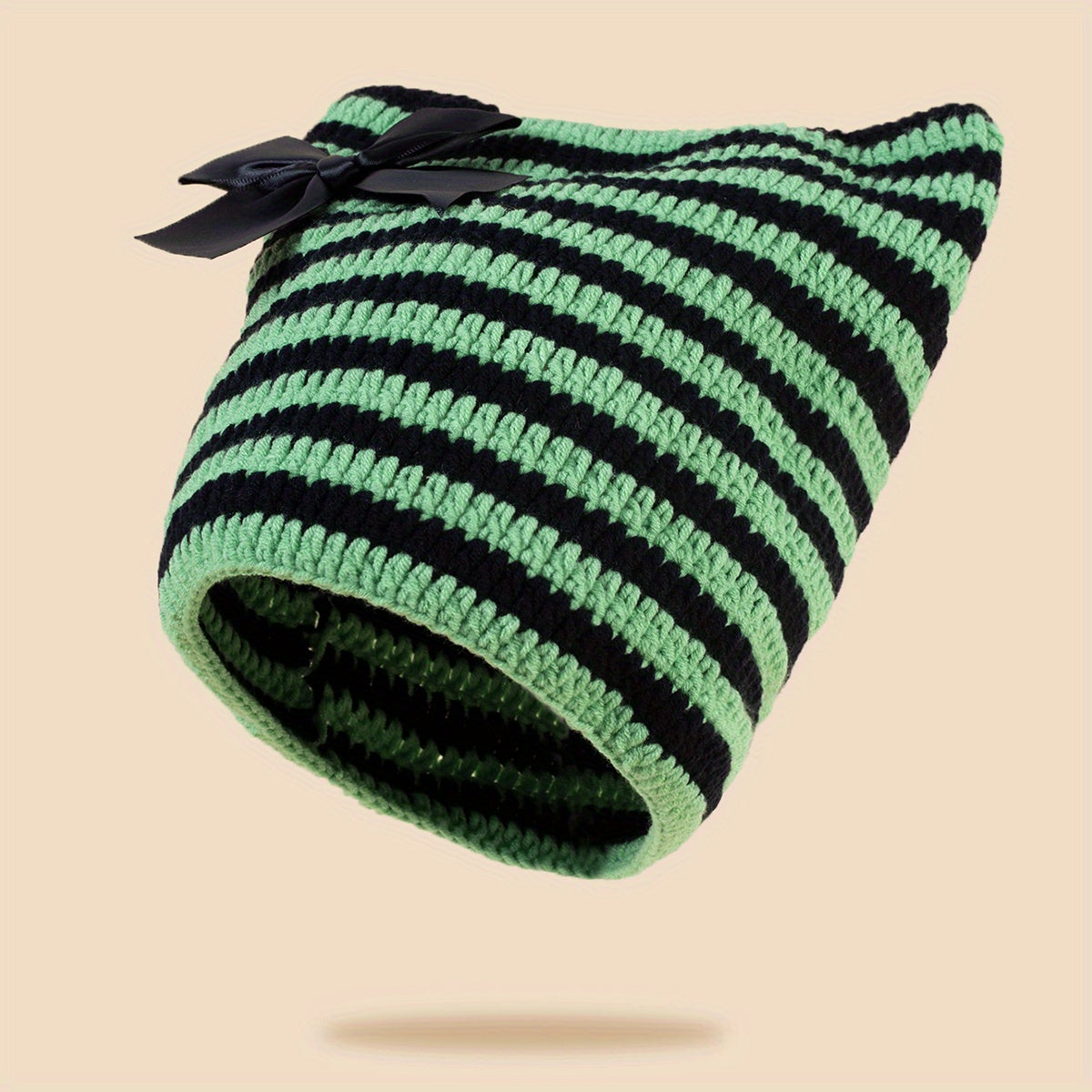 Y2K Striped Cat Ear Beanie Bow Knit Hat Hip Hop Elastic Skull Cap