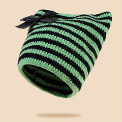 Y2K Striped Cat Ear Beanie Bow Knit Hat Hip Hop Elastic Skull Cap